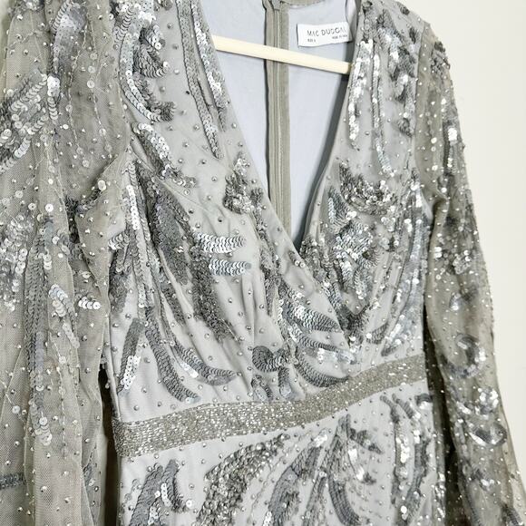 Mac Duggal 5222 Sequined Faux Wrap Split Long Sleeve Gown Platinum 6 $598 NEW - Picture 5 of 16